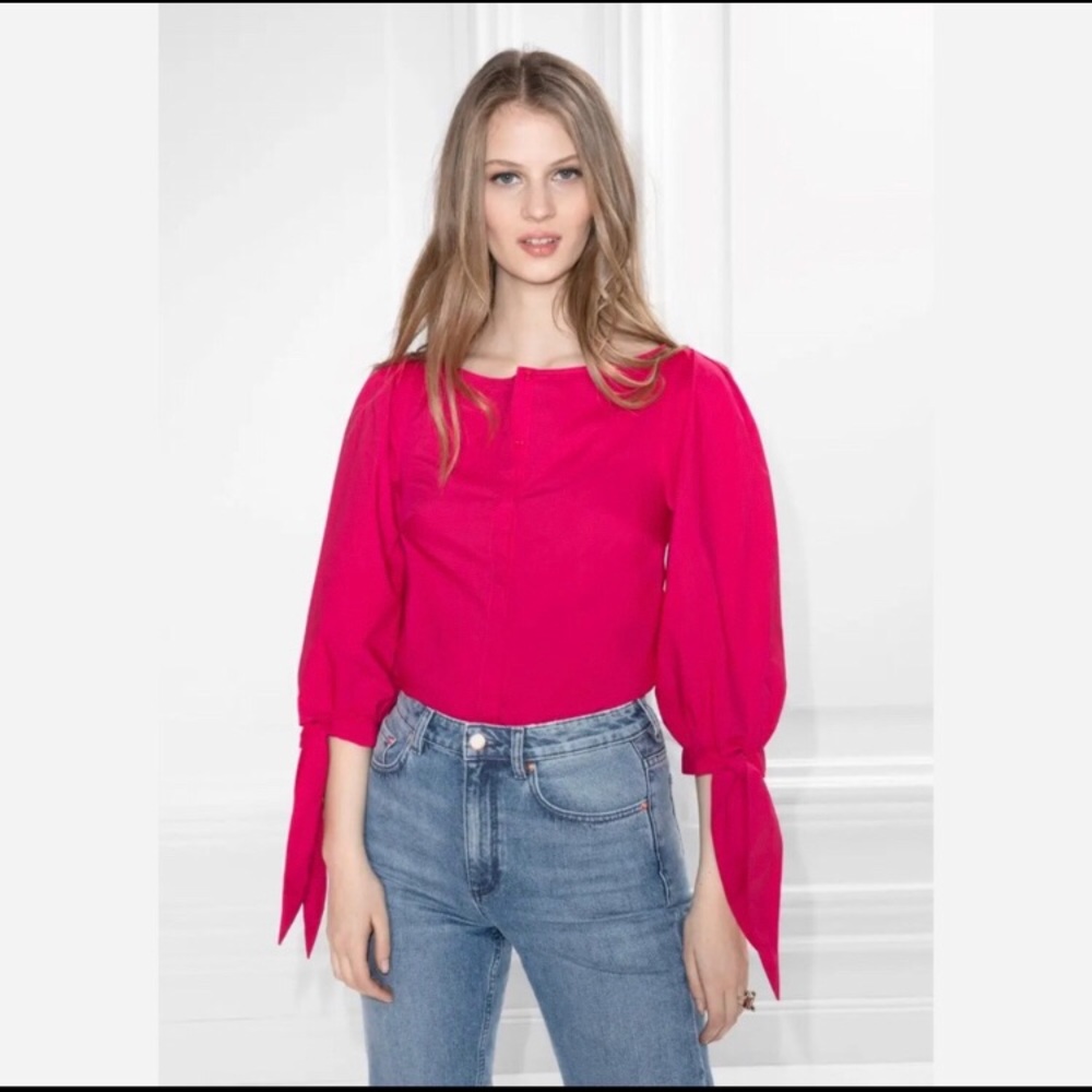 & other stories pink tie sleeve button down shirt